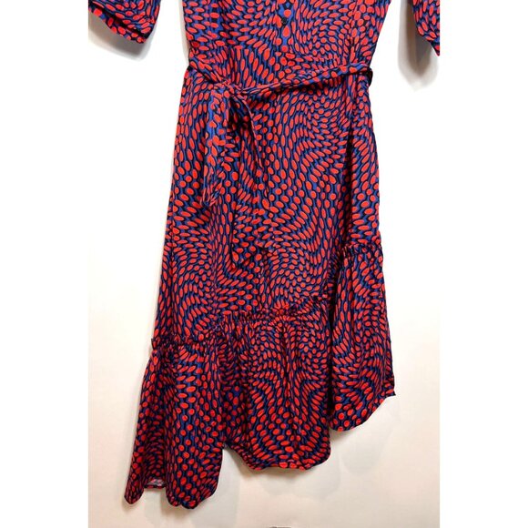 Scoop Womens Asymmetrical Ruffle Midi Dress Red Navy Coastal Preppy Style Large - Picture 5 of 9